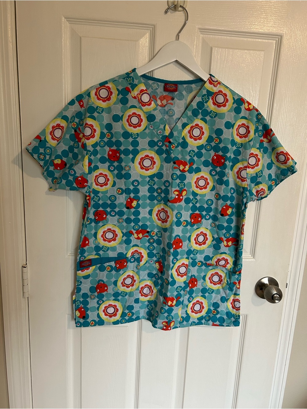 Dickies Teal Floral & Red Accent Women’s Scrub Top